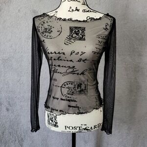 Black mesh long sleeved top lettuce hem ruffled boat neck off the shoulder goth